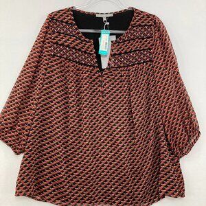 New Daniel Rainn size 1X Red Black Geometric Print Split Neck Blouse Office